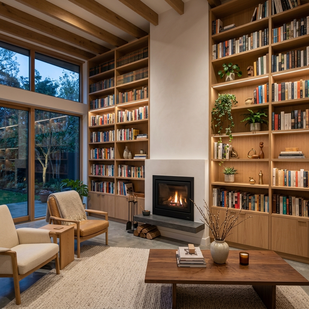 Custom built-in white oak library shelves framing a fireplace