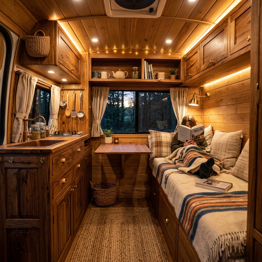 Bespoke wooden campervan conversion interior with custom cabinets
