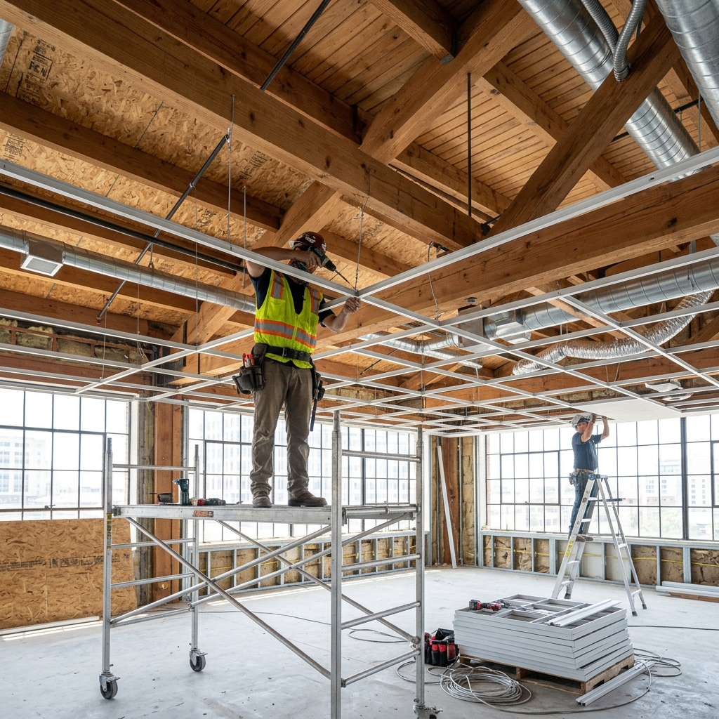 Professional suspended grid ceiling installation in a modern office