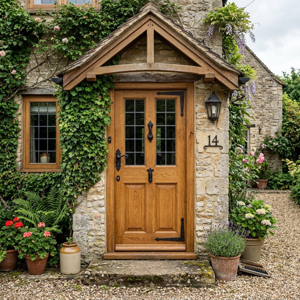 Solid oak external front door with bespoke brass handles