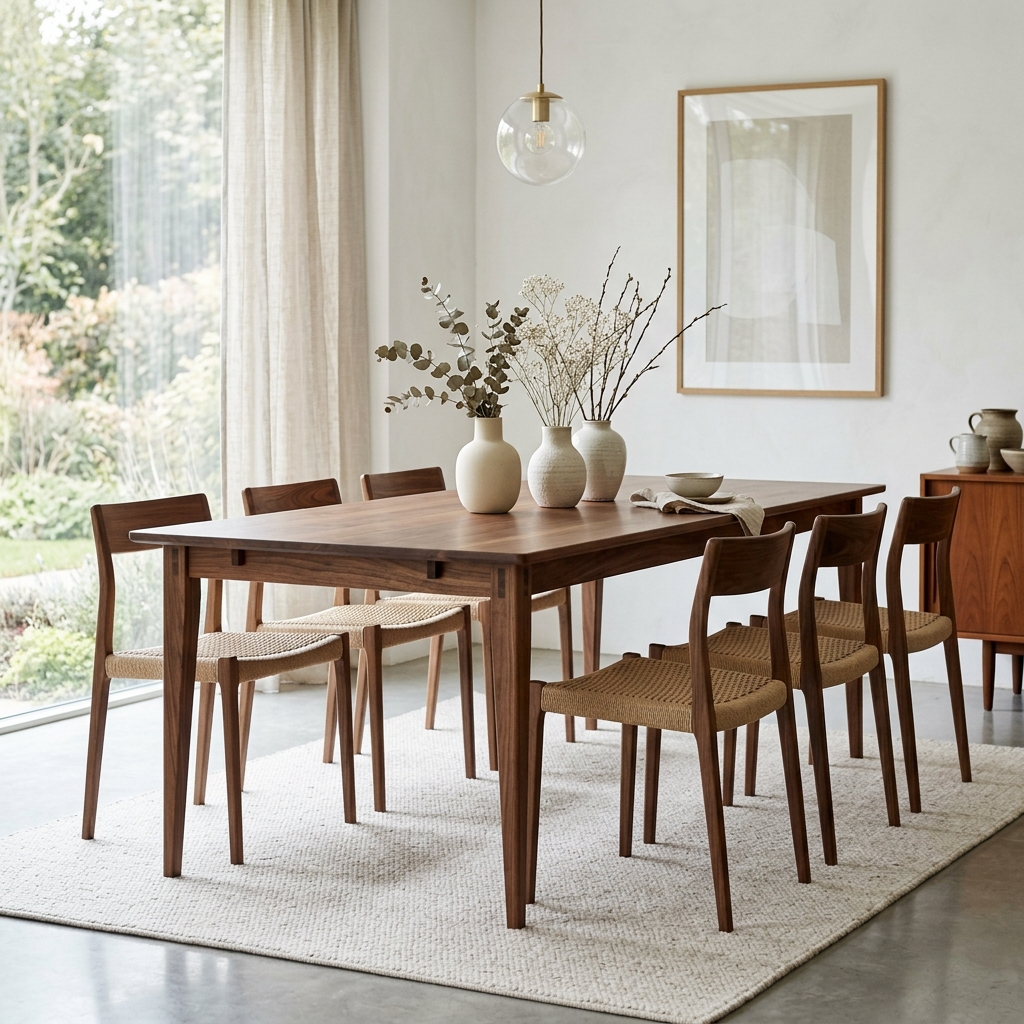 A handcrafted solid walnut dining table in a minimalist dining room