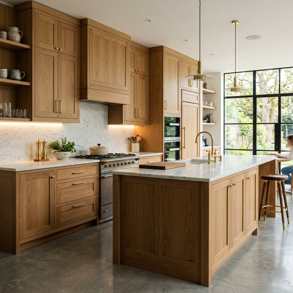 Bespoke fitted kitchen installation with custom wooden cabinets