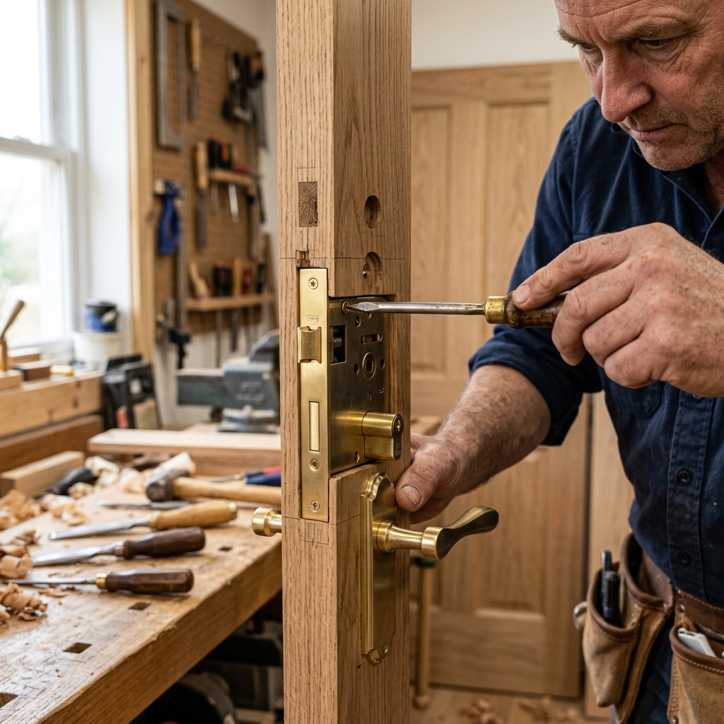 Precise lock and door handle installation by a master carpenter