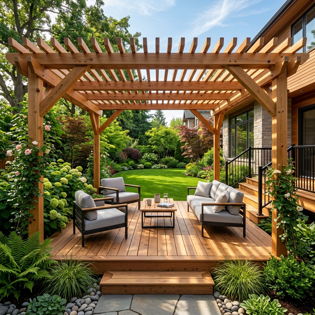 Handcrafted timber pergola and modern cedar deck structure