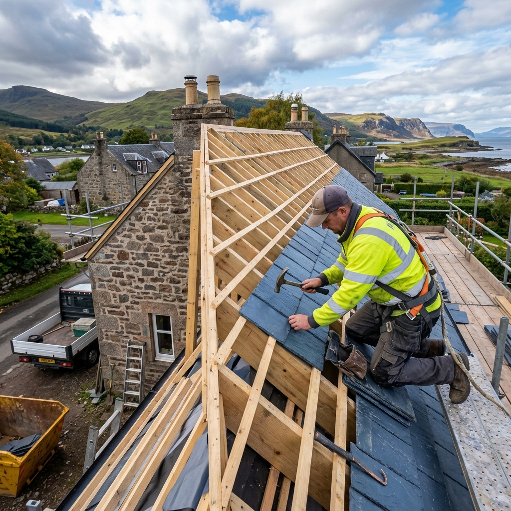 Skilled roofer installing high-quality slate roofing tiles