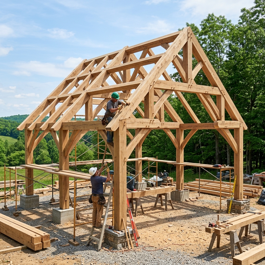 Handcrafted heavy timber frames for residential pavilion construction